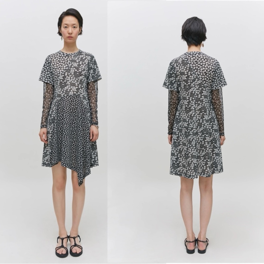 GOEN.J Contrast Floral-Print Panel Mesh Asymmetrical Hem Dress Size Small US4
